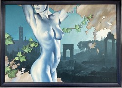 Jantner János, Akt templommal c. alkotása, akril, vászon, 50x70 cm, + sotétkék keret