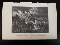A dévai vár déli oldalról - Hunfalvy - Rohbock acélmetszet, reprint, Erdély, Románia