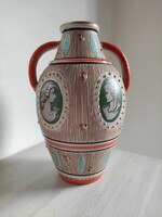 Gyönyörű vintage narancs türkiz arany drapp portré képes kétfüles görög kerámia amfóra váza