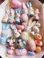 Retro húsvéti dekoráció / 87 db fa tojás, nyuszi, csibe, madárka