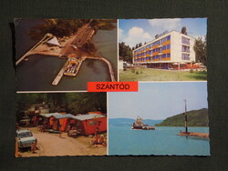 Képeslap,Szántód,mozaik,kemping,Touring szálló,Rév,hajóállomás,kikötő látkép,részlet, 1980-