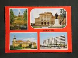 Képeslap,Szentes,mozaik,Kossuth szobor,városháza,park,szolgáltatóház látkép,részlet, 1980-