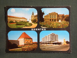 Képeslap,Szentes,mozaik,Kossuth szobor,városháza,park,szolgáltatóház látkép,részlet, 1977-