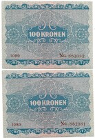 2 x 100 korona kronen 1922 Ausztria Sorszámkövető pár UNC 1.