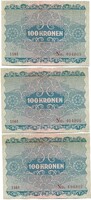 3 x 100 korona kronen 1922 Ausztria Sorszámkövető UNC 1.