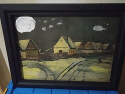 55 x 41 cm black framed Hungarian winter scene on canvas and restored
