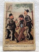 Antik, régi grafikus  humoros  képeslap                                       -11.