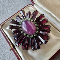 Lavish huge vintage brooch with double-layered petals and purple rhinestones