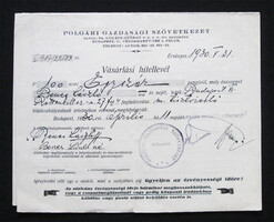 Polgári Gazdasági Szövetkezet Vásárlási hitellevél 100 pengő 1930