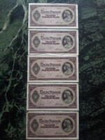 Száz pengő 1945 -  5 darab sorszámkövető bankjegy - UNC