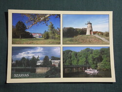 Képeslap,Szarvas,mozaik,Anna liget,Bolza kastély,Arborétum,szélmalom látkép,részlet, 1990-