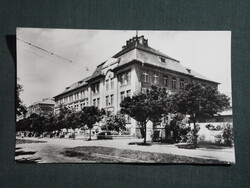 Képeslap,Szolnok,gépipari technikum iskola,utca látkép,részlet, 1957-