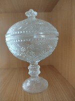 Kínáló préselt üveg, talpas,  nagy méretű, nehéz