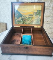 Antique Biedermeier wooden box with inlay, sewing box. With picture inside.