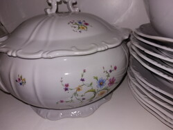 Zsolnay ritka virágos, barokkos, sima szélű, újszerű porcelán étkészlet, 19db