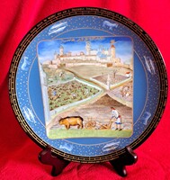 Limoges-i porcelán tányér: középkori életképes XV. századi történelmi dísztányér 2 (M5550)