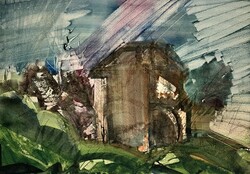 Dobrovits Ferenc (1941-1988) Magányos ház, 1974 - absztrakt jellegű akvarell /számlát adunk hozzá/