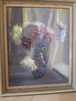 Tunyogi Szűcs Sándor: Virágcsendélet Szignózott. Pasztell technika. Üveglap mögött.51x61cm kerettelc