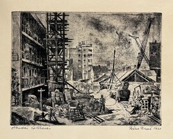 Bóka Dezső (1935- ) Óbudai építkezés, 1961 - szocreál rézkarc /számlát adunk hozzá/