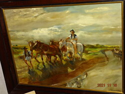 UDVARY PÁL (1900-1987) : HAJÓVONTATÓK (KÉSZÜLŐ VIHAR FÉNYEI , LOVAK )