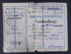 Magyar Királyi Államvasutak Szabadjegy Tóth László Nyírábrány-Miskolc 1940