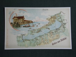 Képeslap,Siófok,reprodukció,strand,móló,Balaton térképes látkép,részlet, 1990-