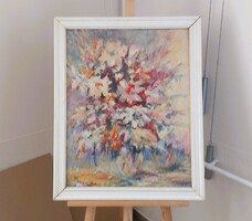 (K) Alber Júlia Tavaszi virágok  szép csendélet festmény 63x79 cm kerettel