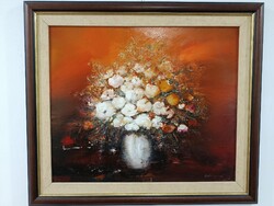 Aba-Szőcs László: Virágok vörös háttérrel /olaj-farost, 50x60 cm/