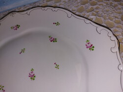 Régi Hollóházi gyönyörű rózsamintás porcelán füles tortás, kínáló, süteményes tál, jelzett kézzel fe