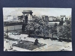 Régi képeslap Budapest Lánchíd és alatta futó villamos  1957