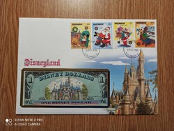 Bankjegyes és bélyeges boríték 1986 Disneyland 1 Disney Dollár 1987 UNC