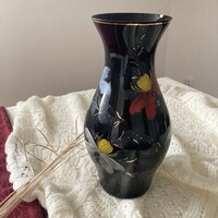 Kunzt Glas, jelzett, hibátlan állapotú kék-piros virágos váza