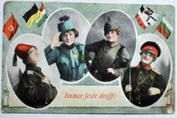Katonai üdvözlő - nők katonaként, zászlók - KuK Etappenpostamt  1917