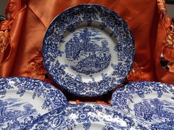 Angol,  jelenetes porcelán  nagy lapos tányér,  kék színű mintázattal,  4 db.