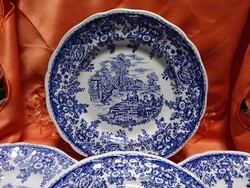 Angol jelenetes porcelán nagy lapos tányér,  kék mintás,  5 db.