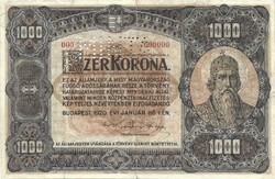 1000 korona 1920 MINTA "000000" Ritka