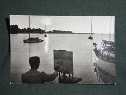 Képeslap,Balaton,naplemente,festőművész,vitorlás hajó látkép,részlet,1964-