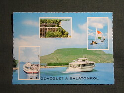 Képeslap,Balaton,hajóállomás,kikötő,Leányfalu sétahajó,vitorlás hajó látkép,részlet,1970-