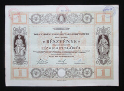 Tolnavidéki Polgári Takarékpénztár részvény 10 pengő 1926 - Tolna