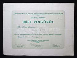 Húsiparos Beszerző, Értékesítő, Zsírolvasztó, Egyenlősítő Szövetkezet üzletrész 20 pengő 1937 Szeged