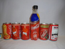 Öt darab retro Coca-colás doboz és egy flakon együtt - foci, olimpia