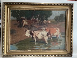 Zombory Lajos(1867-1933): Tehenek a vízparton , ökörszemes keretben .