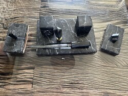 Ritka antik fekete márvány íróasztal készlet – art deco stílus, 7 darabos, eredeti ritkaság