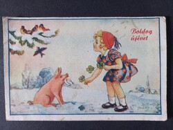 Régi Újévi képeslap kb 1940-es évekből  Dunavecsére küldve