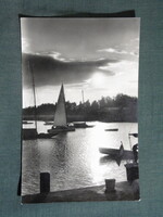 Képeslap,Balaton,naplemente,móló,kikötő,vitorlás hajó látkép,részlet,1960-