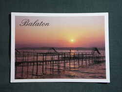 Képeslap,Balaton part,naplemente,strand,móló,stég látkép,részlet,1990-