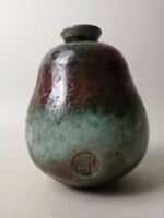 ANTIK JELZETT RÉZ MÁZAS RAKU SZAKÉ PALACK - MARKED COPPER-CLAD RAKU CERAMIC SAKE BOTTLE