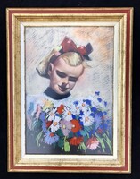 Lány, virág csokorral ! Régi , jelzett, kvalitásos pasztell kép , hozza illő szép keretben !