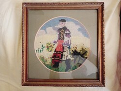 Gobelin 008 - népviseletes legény - keret 32x33cm kép 27x28cm régi kézimunka