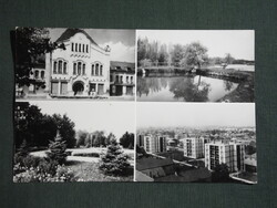 Képeslap,Törökszentmiklós,mozaik,tanácsháza,lakótelep,strand látkép,részlet,1977-